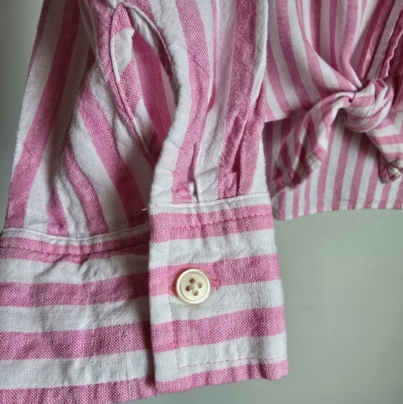 LOFT, Pink Striped Linen Blend Button Down Tie Front Everyday Shirt SZ Large - Picture 8 of 14